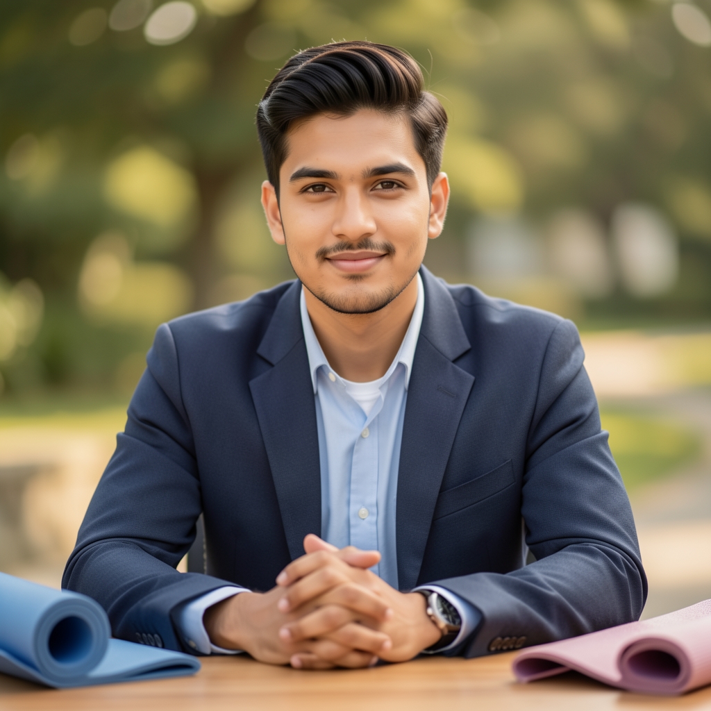 Editorial portrait of Tobias Marsden, Salox Review contributing writer, seated at a desk with yoga props visible