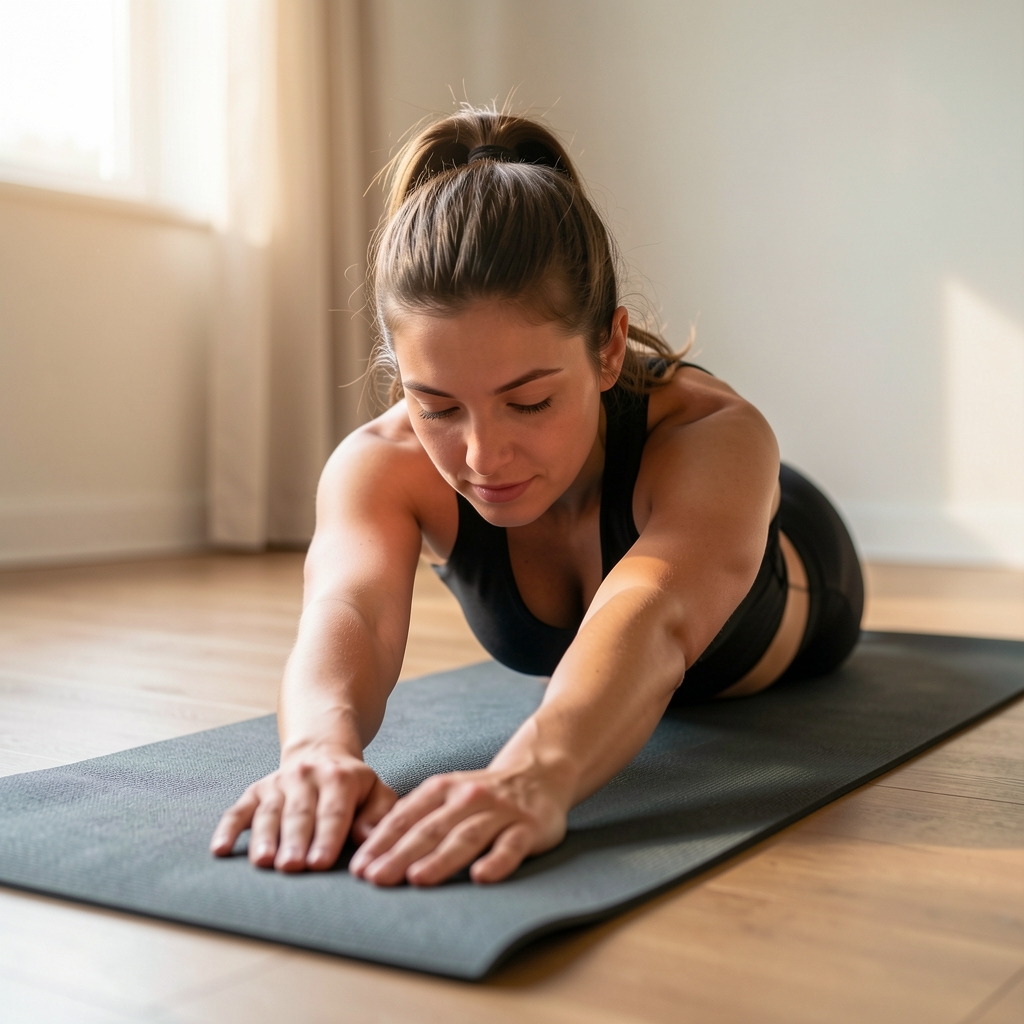 Person in a gentle morning stretch on a yoga mat, hands reaching forward in a child's pose, natural light