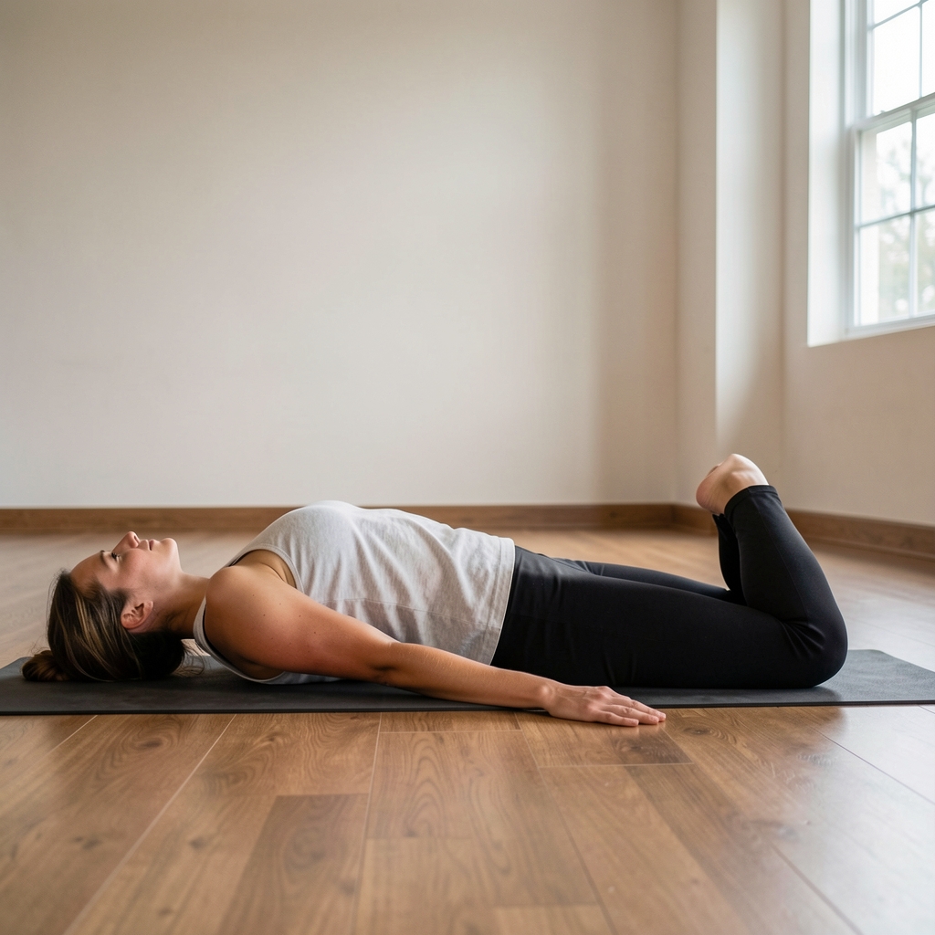 Side profile of a person in a deep hip-opening yoga pose on a mat, calm studio environment with wooden flooring