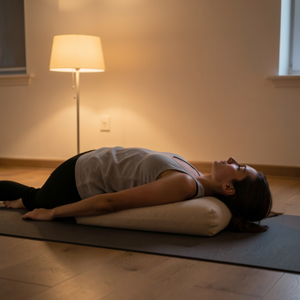 Person in a restorative yoga resting pose, bolster beneath knees, dim warm lamp light, total stillness