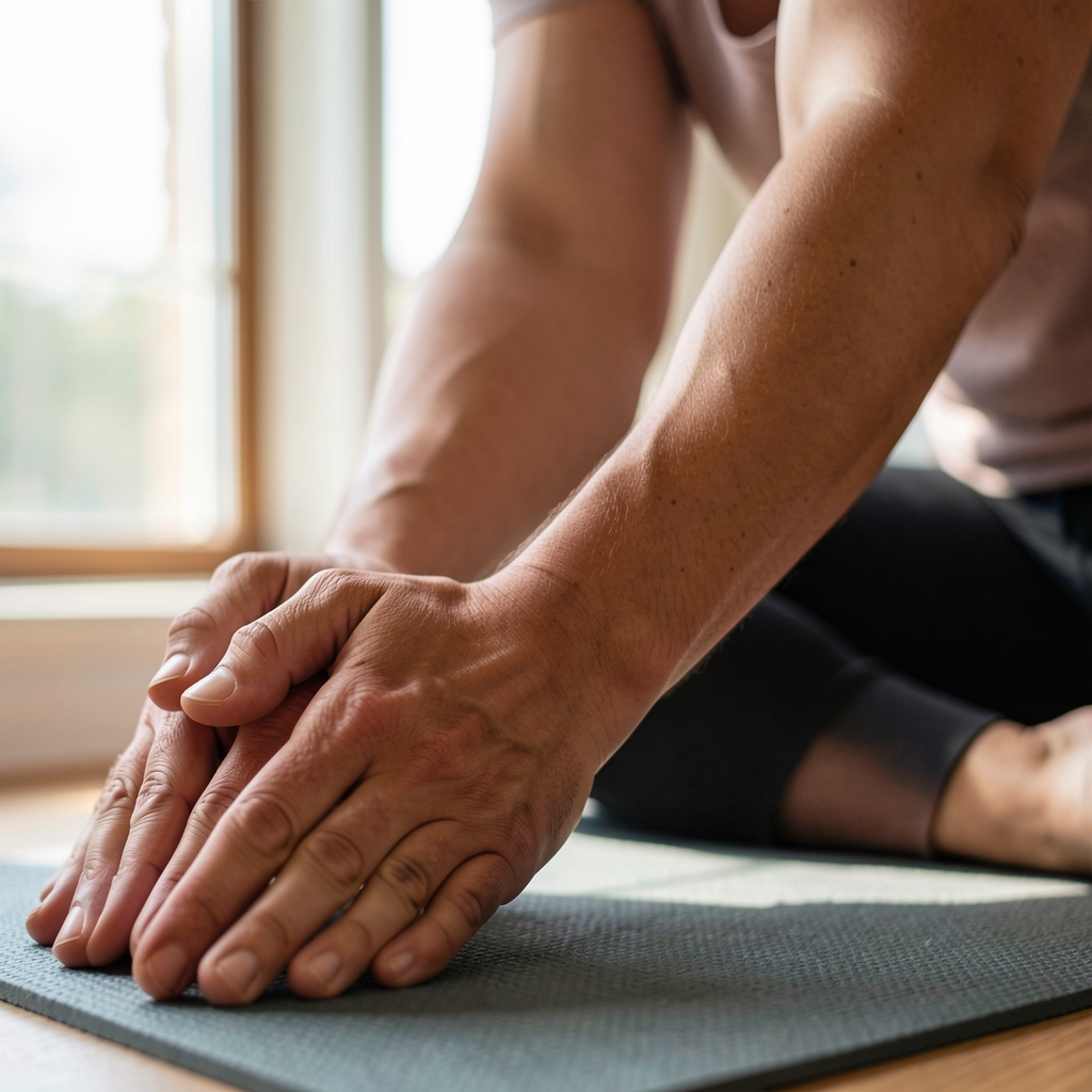Close-up of hands in a gentle seated forward fold, natural daylight filtering through a window