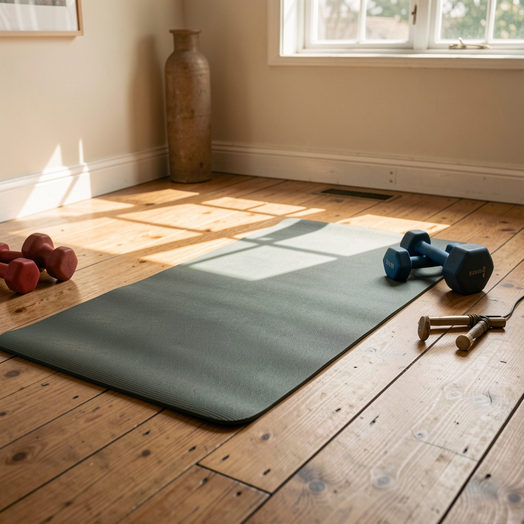 Yoga mat laid out on a wooden floor in a quiet sunlit room, props nearby, calm atmosphere